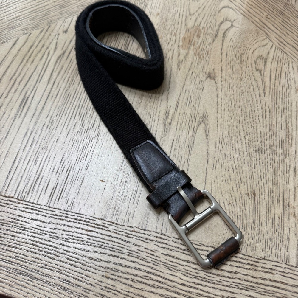 Lacoste‎ Men's Size Large Black Cloth Leather Belt Silver Buckle